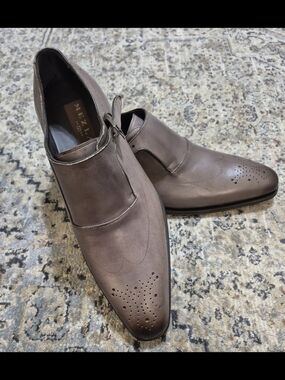 Men's Mezlan Brown/Grey Leather Dress Shoes - Slip-On Monk Strap